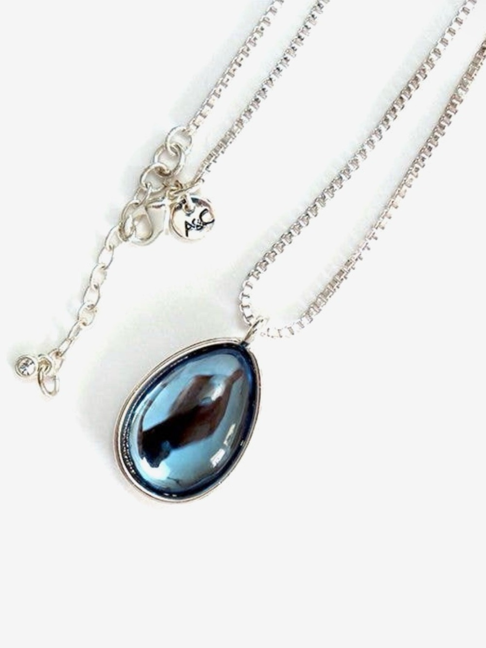 A&C Oslo Love From Norway Blue Glass Teardrop Pendant Necklace Silver Tone NWT